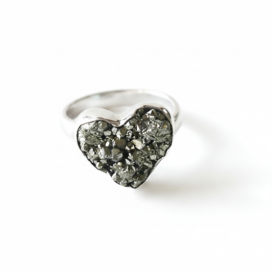 Golden Heart silver ring with raw natural pyrite heart stone, front view