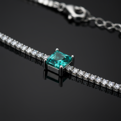 Detail macro Green Essence bracelet highlighting square tourmaline cut and artisanal craftsmanship