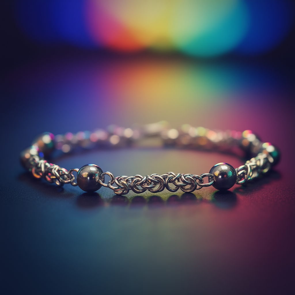 Detail macro Moon Path necklace highlighting sphere attachment precision and delicate silver link craftsmanship