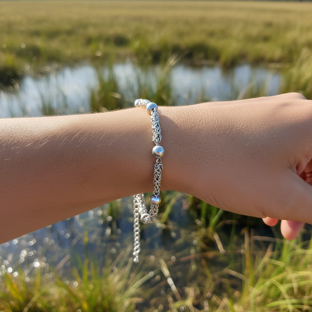 Moon Path bracelet close-up displaying purity of moving light and subtle beauty