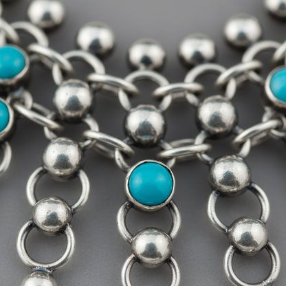 Detail macro Vintage Silver Set highlighting turquoise accents and silver sphere weaving craftsmanship