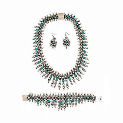 Vintage Silver Set necklace, earrings and bracelet inspired by Frida Kahlo, front view