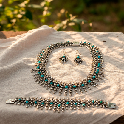 Side view Vintage Silver Set necklace highlighting double hoop design and festive rhythm
